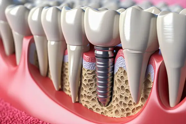 Cross sectional view of dental implant and bone integration(osseointegration), for long term dental implant stability.